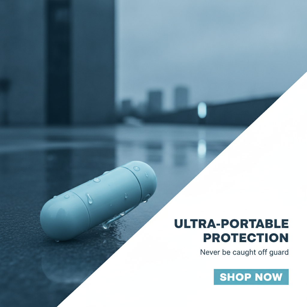 A compact, capsule-covered umbrella in an urban setting, with a clean and modern aesthetic. The umbrella is the focal point, 
